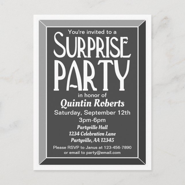 Postal De Invitación Carbón Art Deco Bevled Birthday Surprise Fiesta (Anverso)