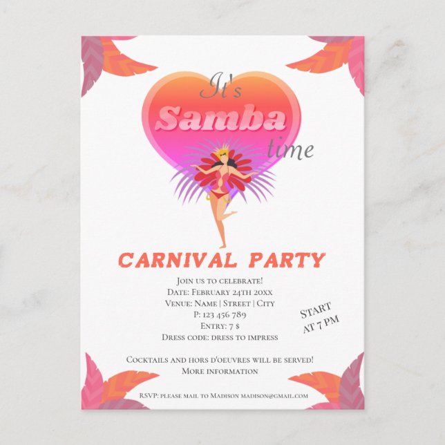 Postal De Invitación Carnaval brasileño de baile de samba (Anverso)