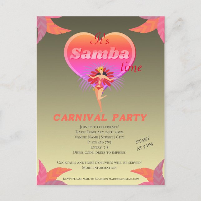 Postal De Invitación Carnaval brasileño de baile de samba (Anverso)