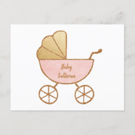 Postal De Invitación Carrito Retro Oro Rosa Bebé Virtual Ducha
