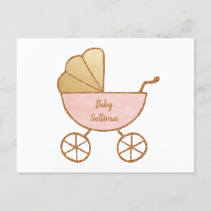 Postal De Invitación Carrito Retro Oro Rosa Bebé Virtual Ducha