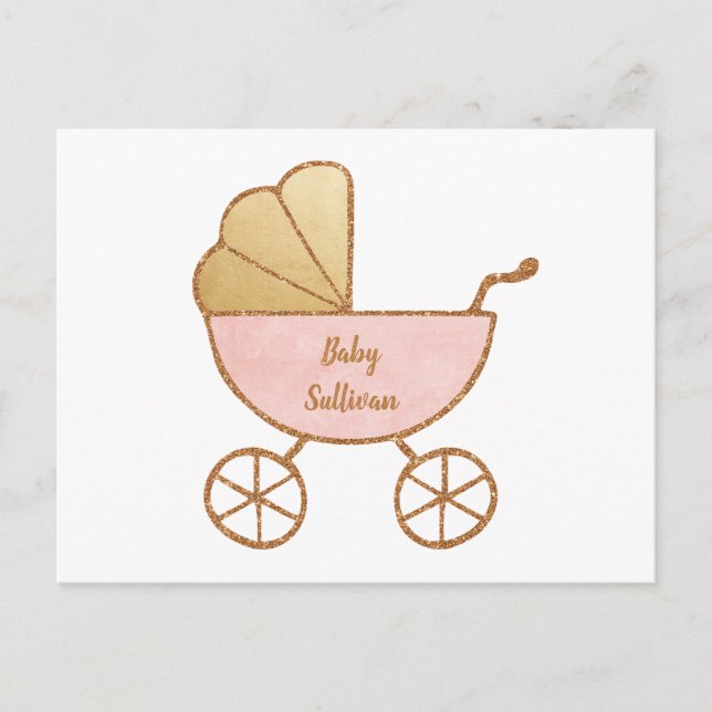 Postal De Invitación Carrito Retro Oro Rosa Bebé Virtual Ducha (Anverso)