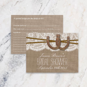 Postal De Invitación Cartas de recetas de ducha de novias rusticas para