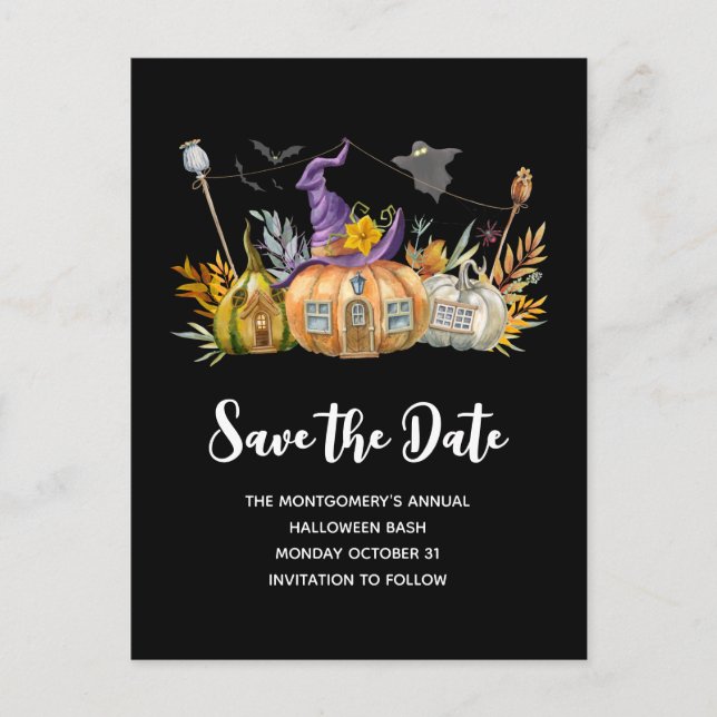Postal De Invitación Casa de calabaza con Fantasma y Bats Halloween (Anverso)