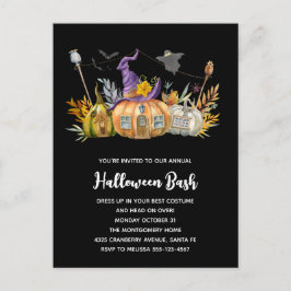 Postal De Invitación Casa de calabaza embrujada con fantasma y murciéla