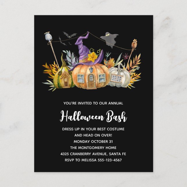 Postal De Invitación Casa de calabaza embrujada con fantasmas y murciél (Anverso)
