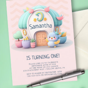 Postal De Invitación Casita con dragón Cumpleaños de niña bebé