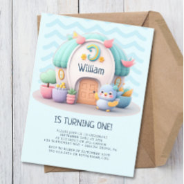 Postal De Invitación Casita con dragón Cumpleaños del bebé niño