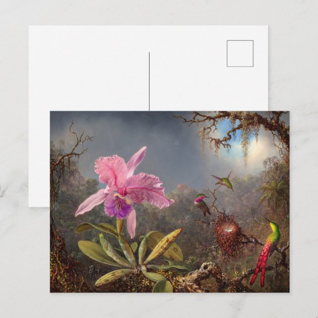 Postal De Invitación Cattleya Orchid y tres Hummingbirds por Heade (Anverso / Reverso)