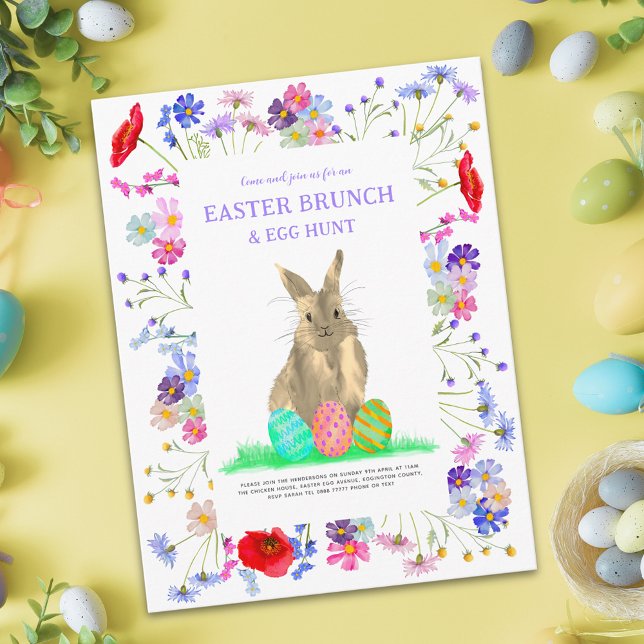 Postal De Invitación Caza de Huevos de Pascua Brunch de Primavera Conej (Easter egg hunt spring brunch cute bunny watercolor wildflower floral garden party invitation budget)
