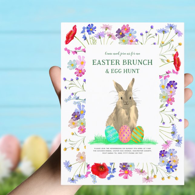 Postal De Invitación Caza de huevos de Pascua y Brunch Bunny Boho Flora (Easter brunch and egg hunt colorful wildflowers and Easter bunny invitation )