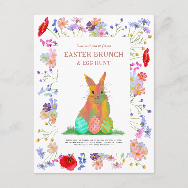 Postal De Invitación Caza de huevos de Pascua y conejo floral de Brunch (Anverso)