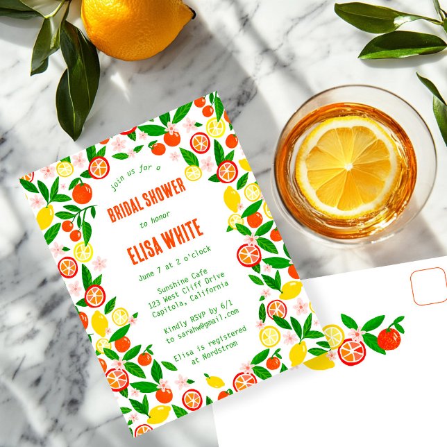 Postal De Invitación Celebración de cítricos DESPEDIDA de SOLTERA de VE (Citrus Celebration CUSTOM Summer Hand-drawn BRIDAL SHOWER Party Invitation Postcard
)