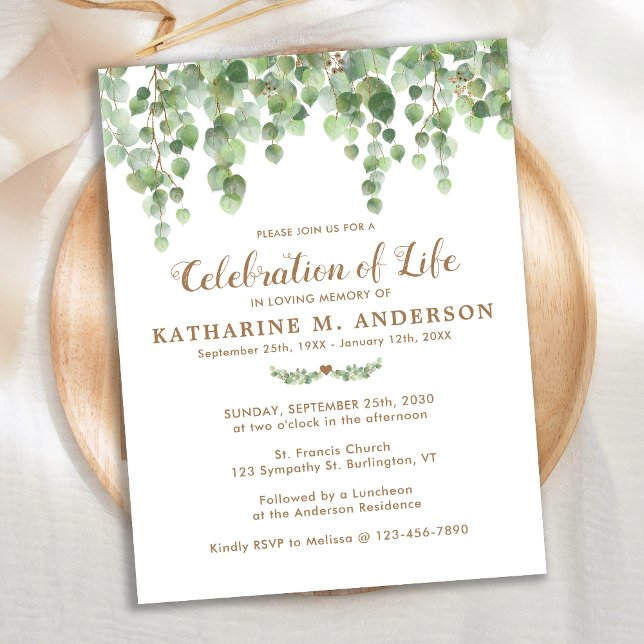 Postal De Invitación Celebración De La Vida Eucalyptus Greenery Funeral (Subido por el creador)