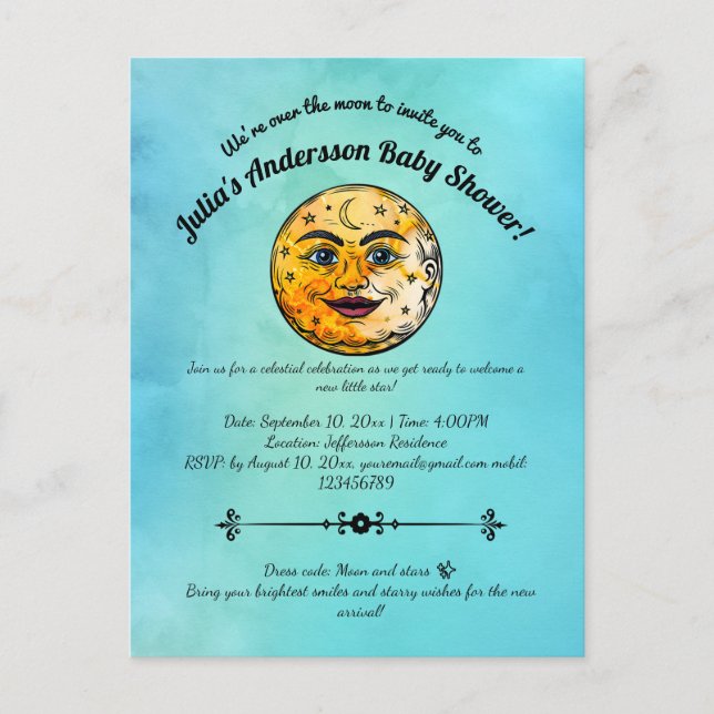 Postal De Invitación Celebración en Baby Shower por la luna (Anverso)