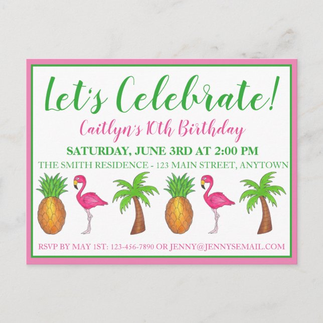 Postal De Invitación Celebrar el cumpleaños Flamingo Palm Tree Pineappl (Anverso)