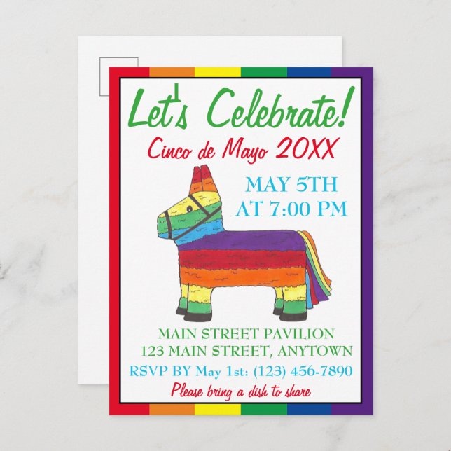 Postal De Invitación Celebremos el Cinco de Mayo Fiesta Taco Piñata (Anverso / Reverso)