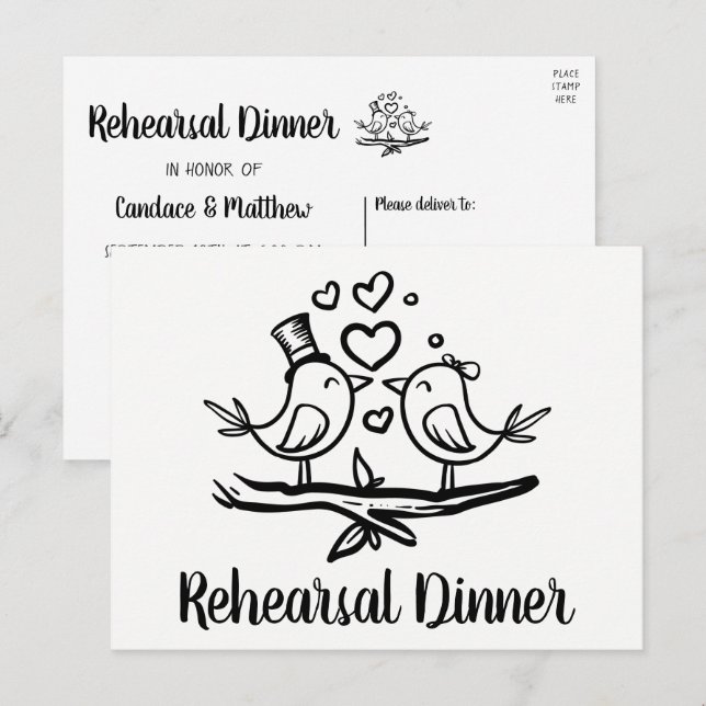 Postal De Invitación Cena de Boda blanco negro lindo (Anverso / Reverso)