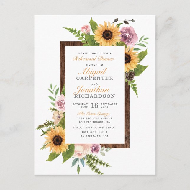 Postal De Invitación Cena de Ensayo del País de Girasoles y Rosas (Anverso)
