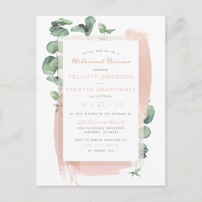 Postal De Invitación Cena de Ensayo Floral con Pintura Rosa Glam (Anverso)