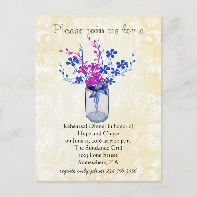 Postal De Invitación Cena ensayada Mason Jar Lapis azul y rosa caliente (Anverso)