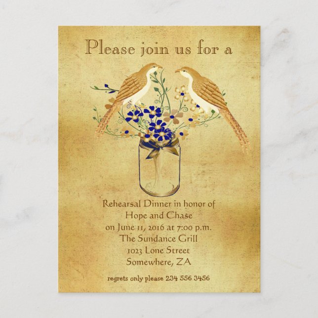 Postal De Invitación Cena ensayada Mason Jar Wild Flower Love Birds (Anverso)