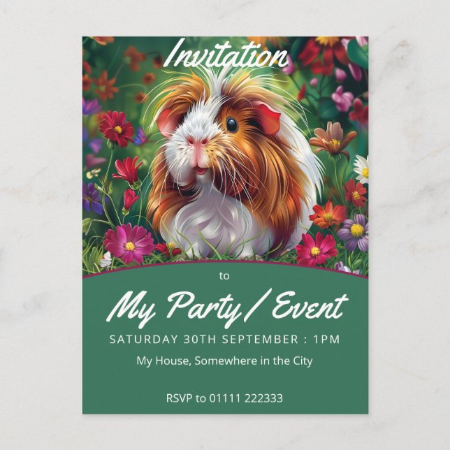 Postal De Invitación Cerdo de Guinea entre las flores (Anverso)