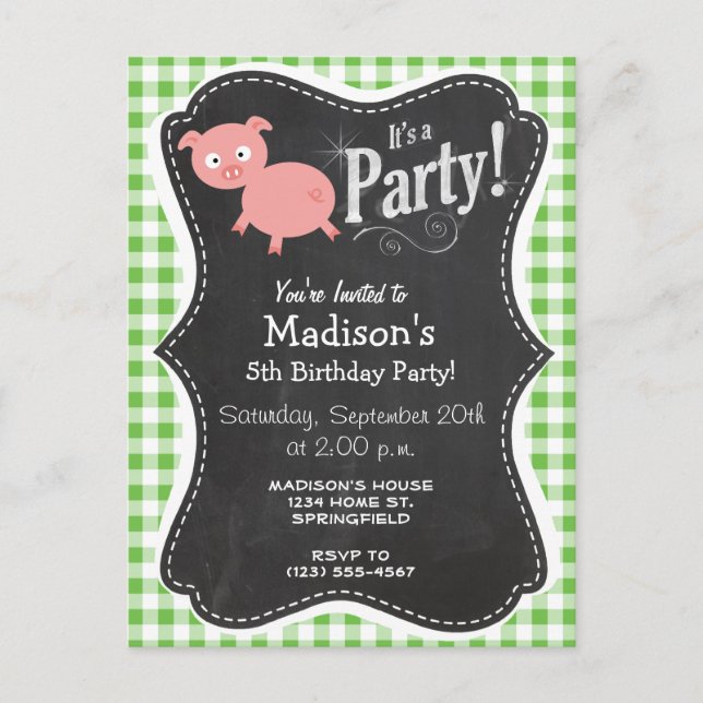 Postal De Invitación Cerdo; Green Gingham (Anverso)