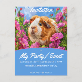 Postal De Invitación Cerdo guineano entre flores rosadas