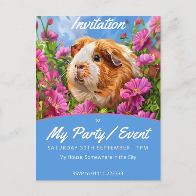 Postal De Invitación Cerdo guineano entre flores rosadas (Anverso)