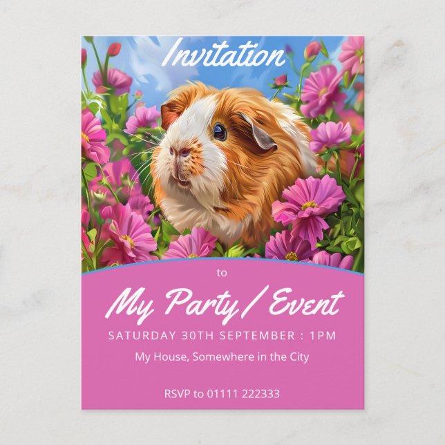 Postal De Invitación Cerdo guineano entre flores rosadas (Anverso)