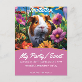 Postal De Invitación Cerdo guineano entre flores vibrantes