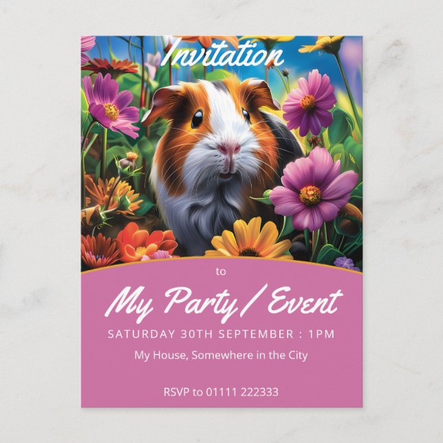 Postal De Invitación Cerdo guineano entre flores vibrantes (Anverso)