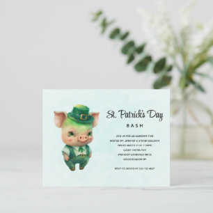 Postal De Invitación Cerdo verde con atuendo brillante, Fiesta del Día 