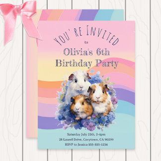 Postal De Invitación Cerdos de Guinea Acuarela Bonitos Cumpleaños Fiest
