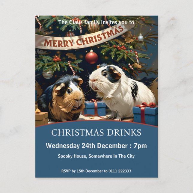 Postal De Invitación Cerdos De Guinea Y Árbol De Navidad (Anverso)