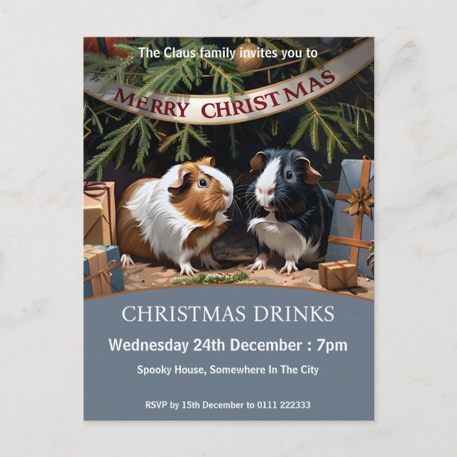 Postal De Invitación Cerdos De Guinea Y Árbol De Navidad (Anverso)