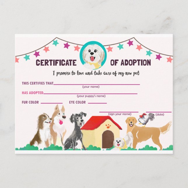 Postal De Invitación Certificado de Adopción de Papúa para un Mascota (Anverso)