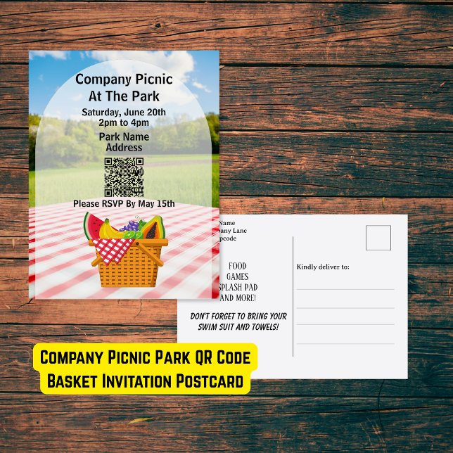 Postal De Invitación Cesta de códigos QR de Picnic Park (Company Picnic Park QR Code Basket Invitation Postcard)