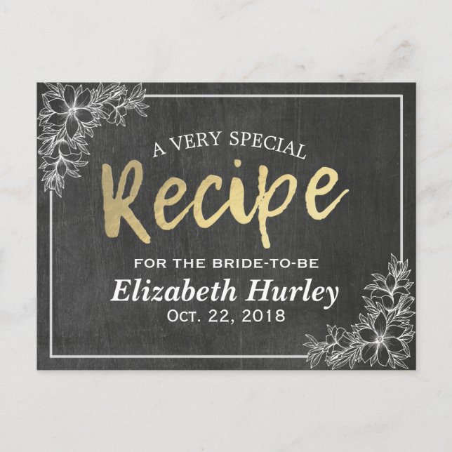 Postal De Invitación Chalkboard Gold Script Floral Bridal Shower Receta (Anverso)