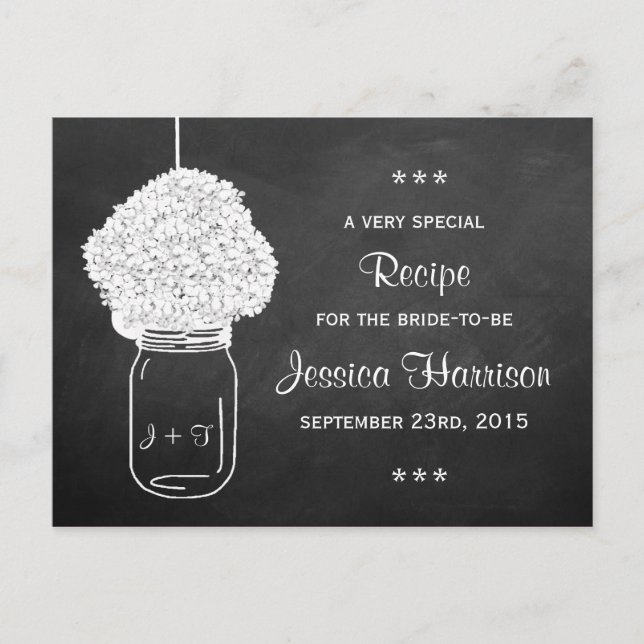 Postal De Invitación Chalkboard Hydrangea Mason Jar Bridal Recipe Tarje (Anverso)