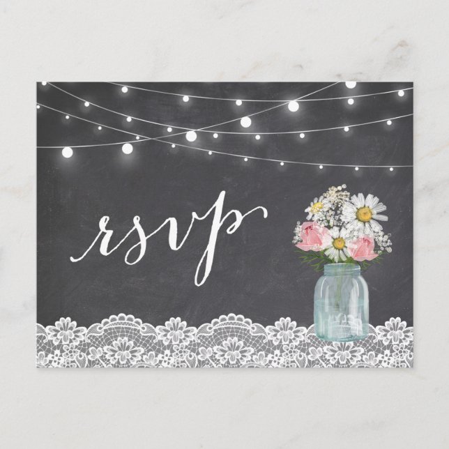 Postal De Invitación Chalkboard Luces Mason Jar Boda Floral RSVP (Anverso)