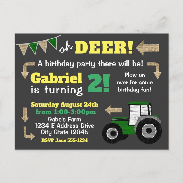 Postal De Invitación Chalkboard Tractor Invitado, Tractor de Cumpleaños (Anverso)