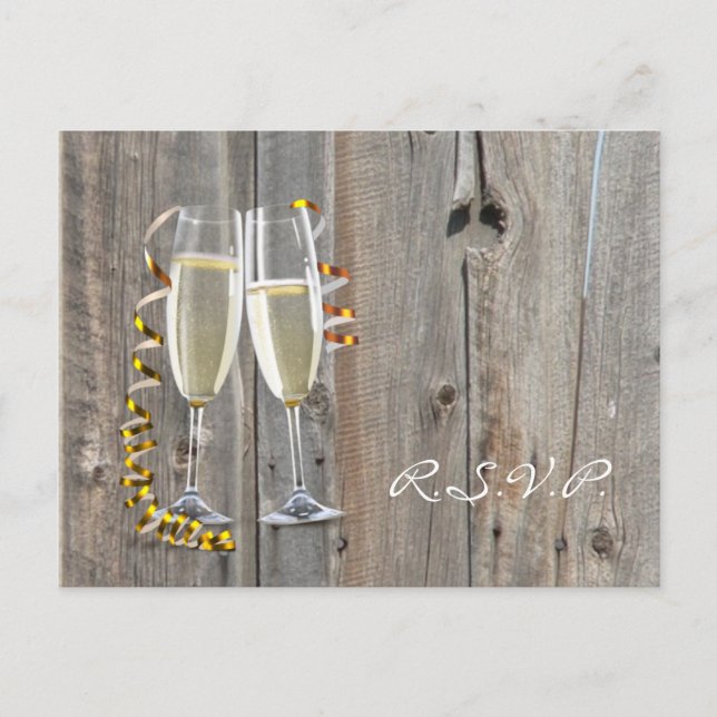 Postal De Invitación champán de madera de granero rústico boda de campo (Anverso)
