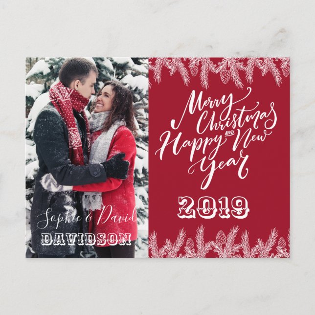 Postal De Invitación Charm Merry Christmas Happy New Year Pine Photo (Anverso)