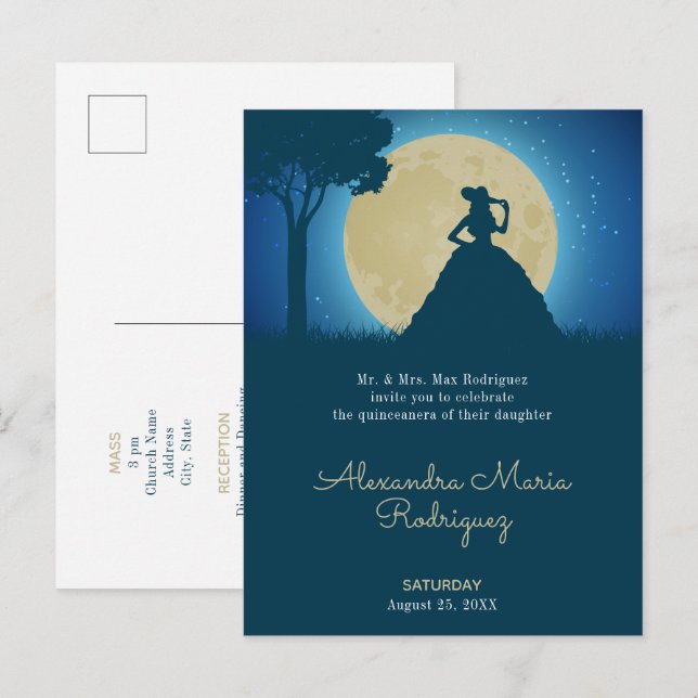 Postal De Invitación Charro Silhouette con Moon Quinceanera (Anverso / Reverso)