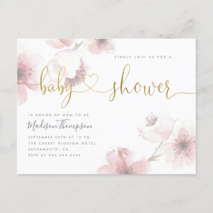 Postal De Invitación Cherry Blossom Gold Script Floral Baby Shower
