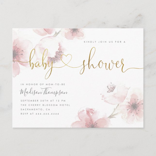 Postal De Invitación Cherry Blossom Gold Script Floral Baby Shower (Anverso)