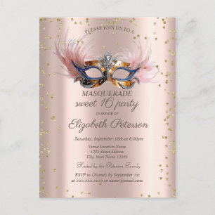 Postal De Invitación Chic Diamonds Rose Gold Masquerade Dulces 16