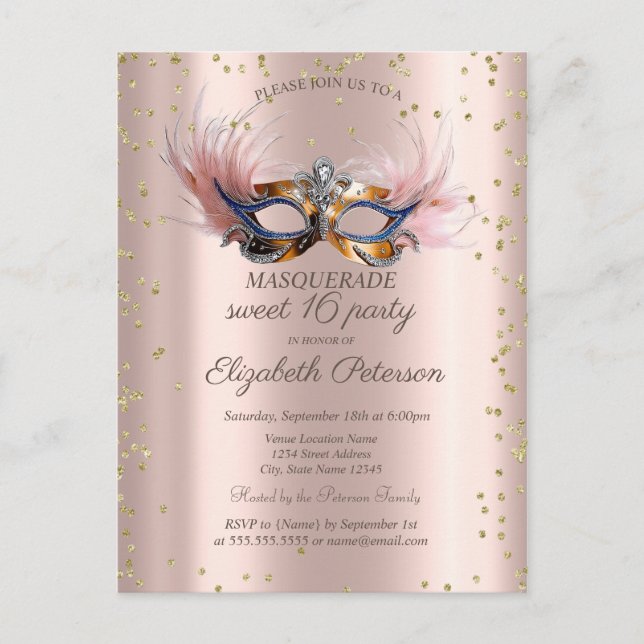Postal De Invitación Chic Diamonds Rose Gold Masquerade Dulces 16   (Anverso)